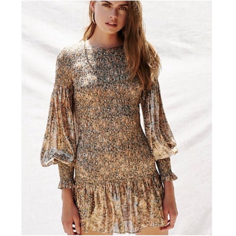 LoveShackFancy Scarlett Smocked Balloon Sleeve Metallic Mini Dress Ruffle Hem XS